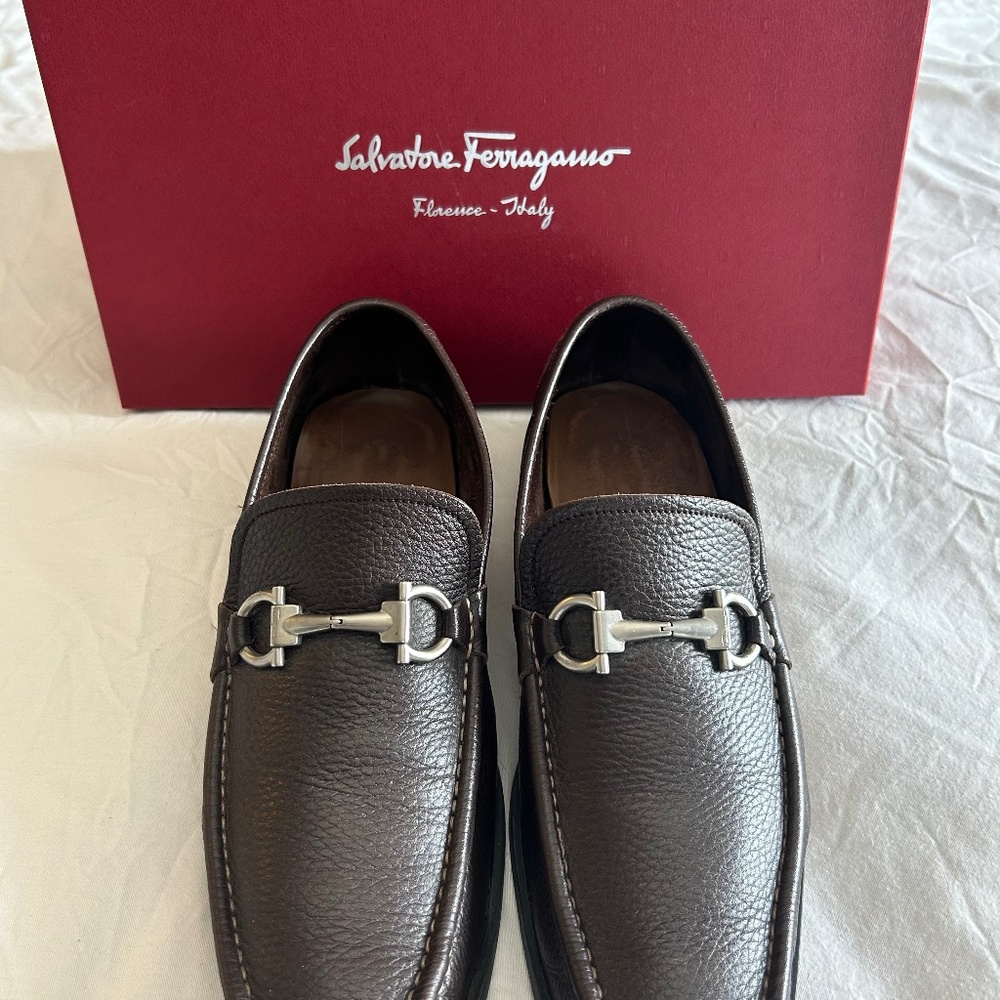 Salvatore Ferragamo Brown Leather Loafers with Silver Detail